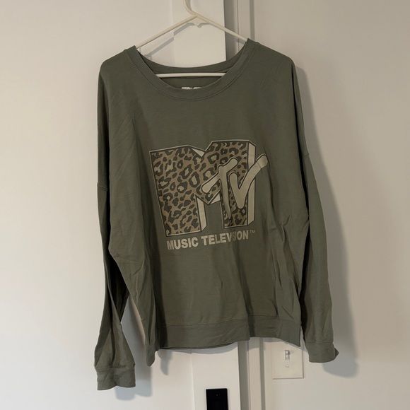 MTV Tops - MTV Olive Green Crewneck with Leopard Logo